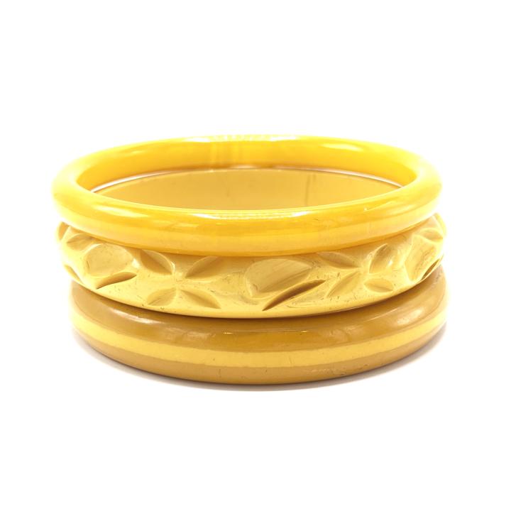 Trio Yellow Bakelite Bangle Bracelets Incl Carved (1 of 3)