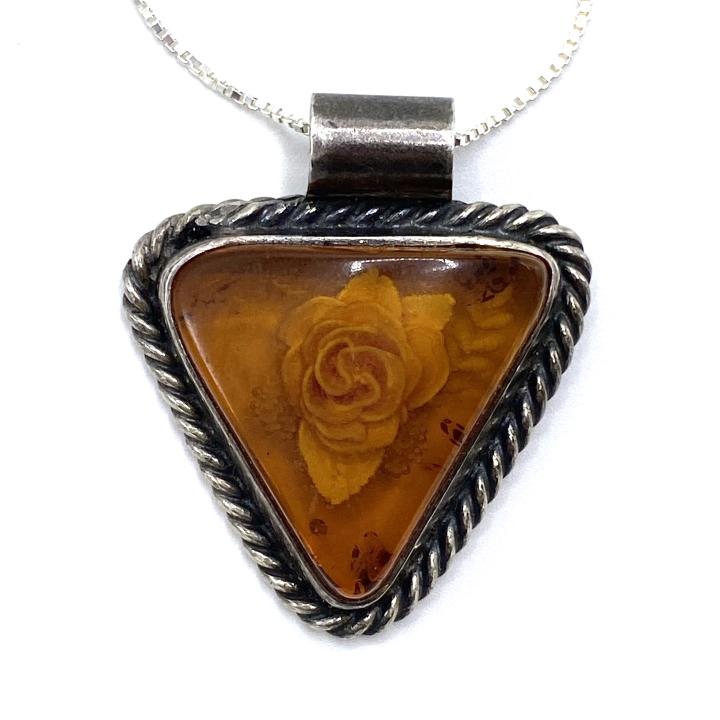 Vintage Carved Amber & Sterling Silver Necklace (1 of 3)