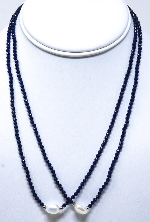 Pair Faceted Blue Sapphire Baroque Pearl Necklaces: Pair of Faceted Blue Sapphire & Baroque Pearl Necklaces. Pearls are approximately 8mm in length. Beads test as sapphire on the Presidium, possibly color treated / enhanced.
