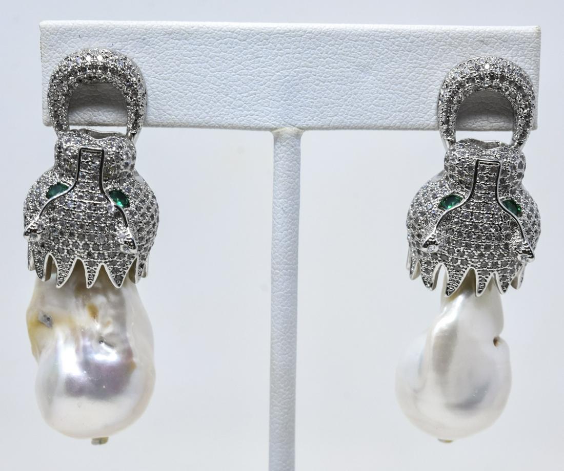 Pave & Cultured Baroque Pearl Panther Earrings: Pair of Pave & Cultured Baroque Pearl Panther Earrings. Large scale cultured pearls from Halong Bay, Vietnam measure approximately 25 mm in length. Earrings are approximately 2 inches in length.