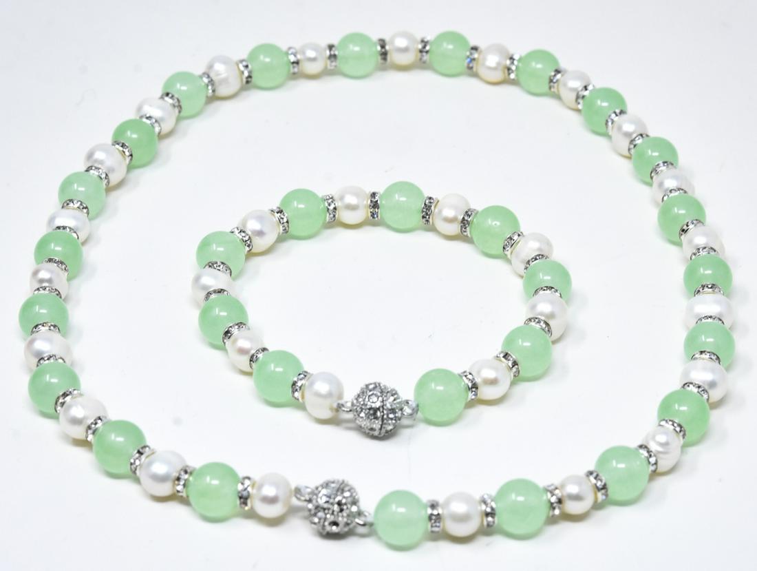 Green Jade & Baroque Pearl Set w Rhinestone (1 of 7)