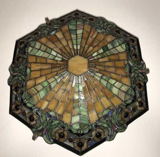 Stained Glass & Jeweled Glass Chandelier: Stained Glass & Jeweled Glass Chandelier Flush Mount Light Fixture. Measures approximately 16 inches in diameter.