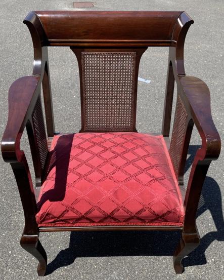 Mahogany Caned & Upholstered Arm Chair: Mahogany Caned & Upholstered Arm Chair. Mahogany arm chair with caning and custom upholstered silk seat. MEasures 35 inches x 27.5 inhes x 21 inches.