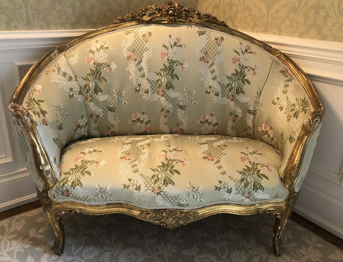 Antique French Louis XIV Carved Upholstered Settee (1 of 6)