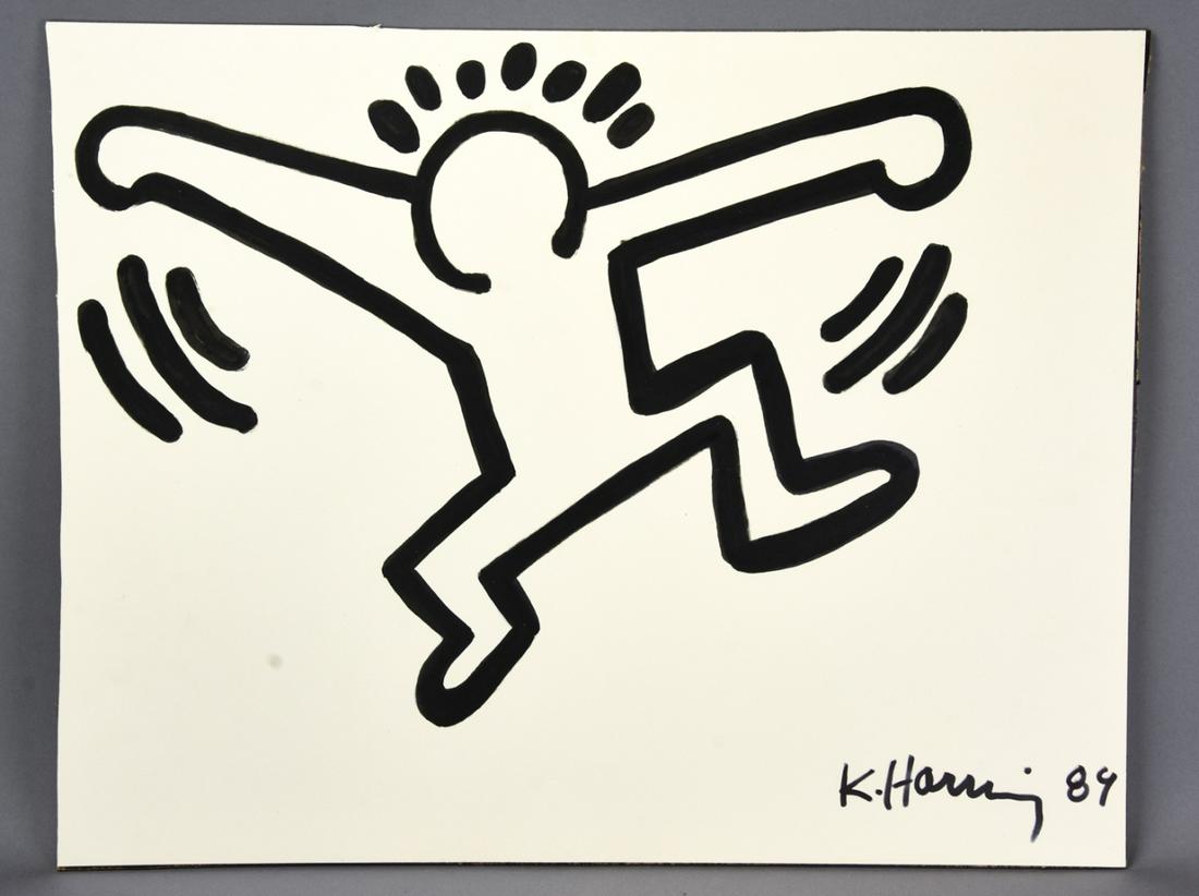 Keith Haring Marker Signed Ink Drawing on Paper 89: Keith Haring (American 1958 - 1990) Marker Signed Ink Drawing on Paper 1989. Mounted on board. 19 inches x 25 inches