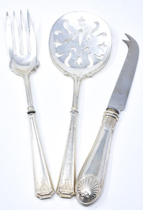 3 Sterling Silver Handle Serving Utensils: 3 Sterling Silver Handle Serving Utensils. Three serving pieces, each with sterling handles. Largest measures just over 8.5 inches in length. All are hallmarked on the handle.