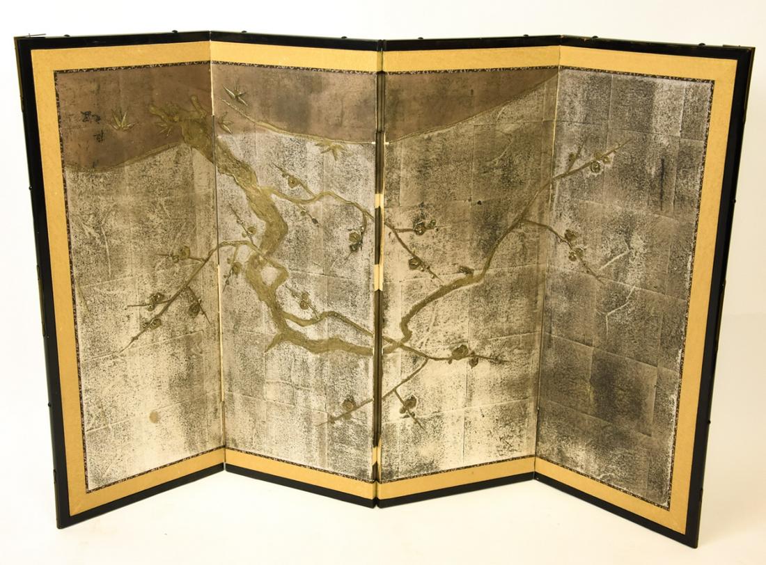 Asian Screen Metallic Painted Cherry Blossoms: Asian 4 Panel Screen Metallic Painted Cherry Blossom Branch. 32 inches x 49 inches
