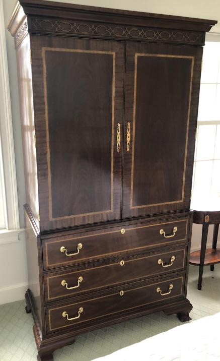 Carved Empire Style Marquetry Inlay Linen Press: Carved Pediment Chippendale Style Marquetry Inlay Linen Press. 77 inches x 41 inches x 21 inches
