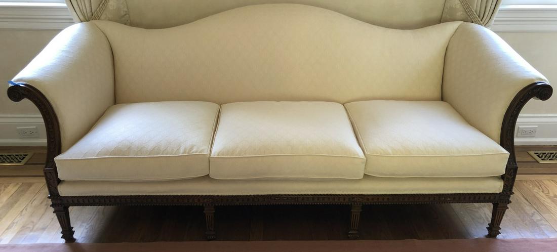 French Louis XVI Custom Upholstered Matelasse Sofa: French Louis XVI Custom Upholstered Matelasse Ivory Sofa w Rolled Arms, Carved Frame and Serpentine Back. 3 seats. 34 inches x 84 inches x 32 inches