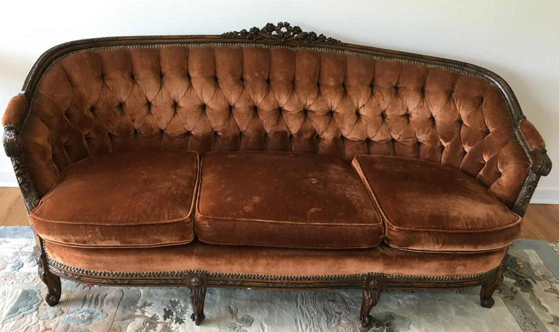 Victorian Tufted Upholstered Sofa / Couch: Victorian Tufted Upholstered Sofa / Couch. Custom upholstered, nail head trim, carved frame. Measures 29 inches x 79 inches x 34 inches.