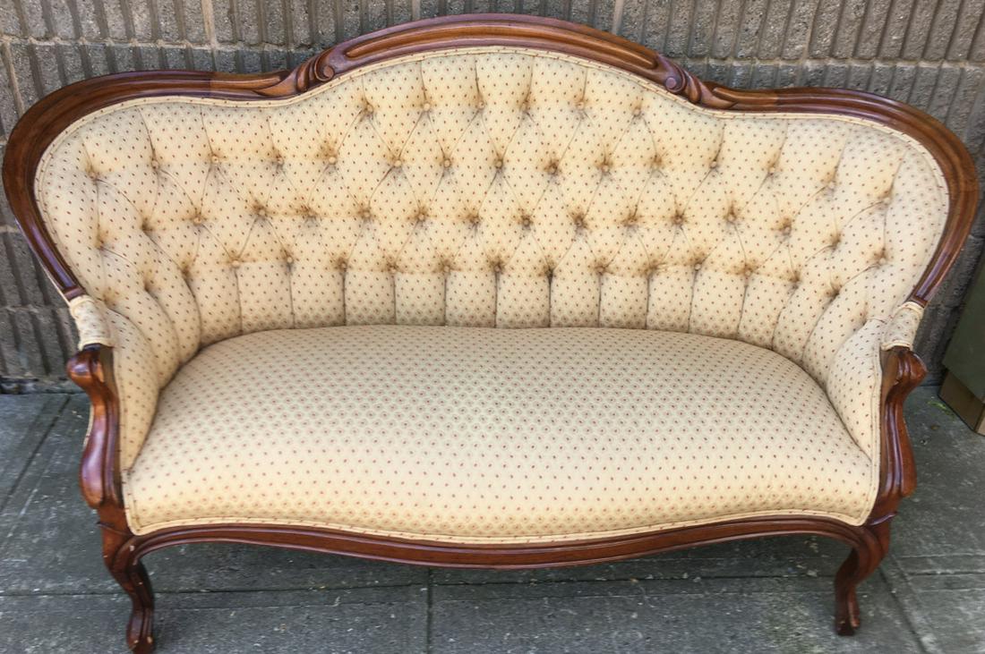 Victorian Tufted Upholstered Settee: Victorian Tufted Upholstered Settee. Victorian high back settee with custom tufted upholstery. Measures 35 inches x 56 inches x 29 inches.