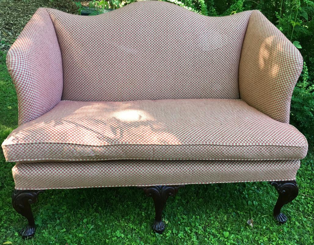 Century Camel Back Upholstered Settee: Century Camel Back Upholstered Settee. Camel back form settee by Century in fabric upholstery with mahogany cabriole legs. Measures 40 inches x 56 inches x 35 inches.