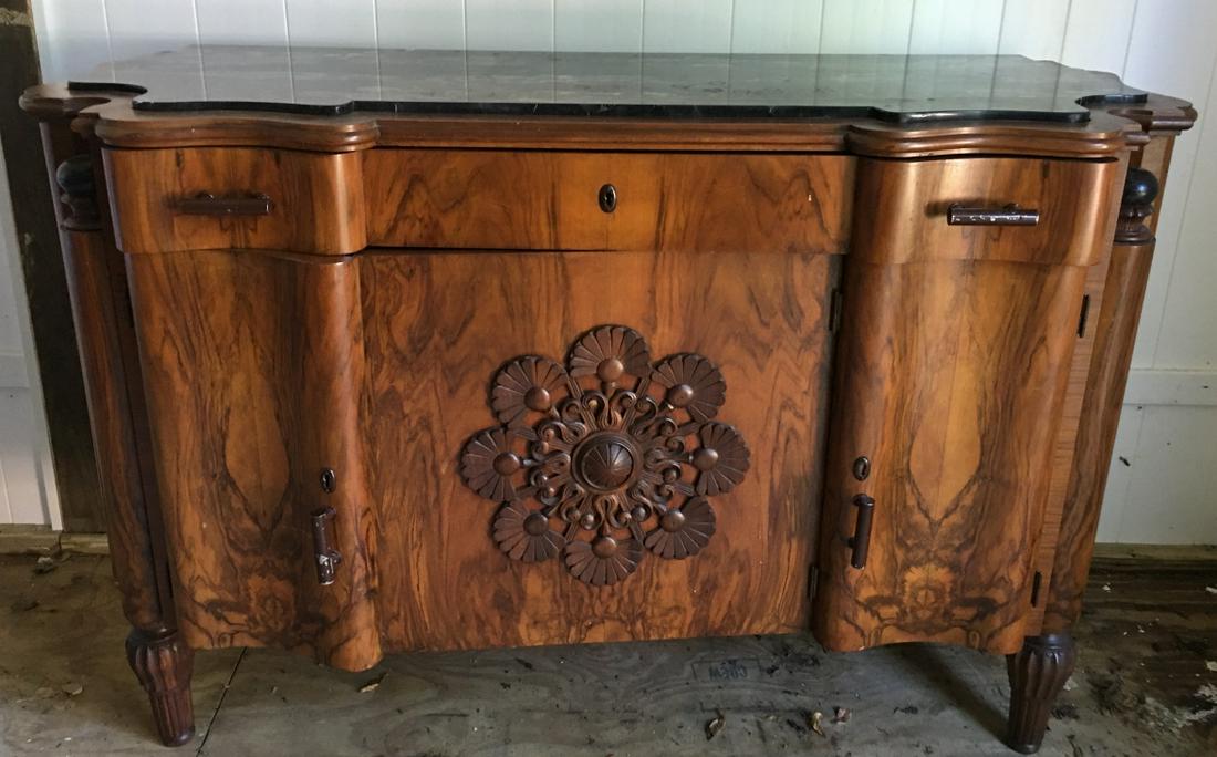 Arts & Crafts Marble Top Sideboard: Arts & Crafts Marble Top Sideboard. Arts & Crafts style sideboard with marble top, carved details and interior drawers. Measures 39 inches x 59 inches x 22 inches.