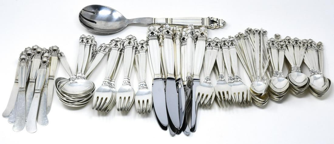 Georg Jensen Johan Rohde Acorn Sterling Flatware: Georg Jensen Johan Rohde Acorn Sterling Flatware. Johan Rohde for Georg Jensen in the acorn pattern sterling silver flatware service for 12. Includes knives, forks, cream soup spoons, salad forks, tea