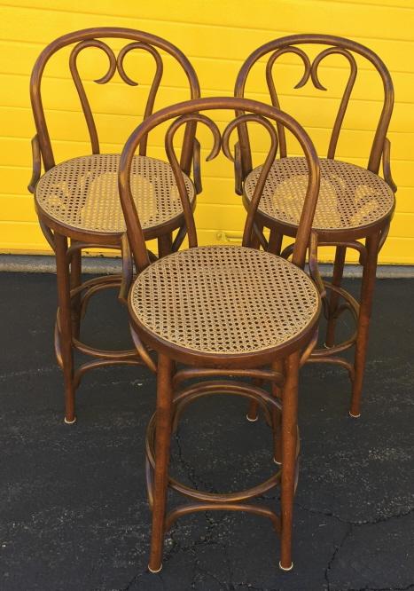 3 Thonet Style Caned Seat Bar Stools: 3 Thonet Style Caned Seat Bar Stools. Each measures 40 inches x 17 inches x 16 inches.