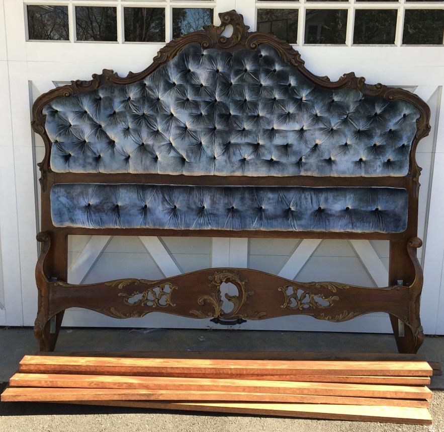 Mahogany & Velvet Upholstered Tufted Headboard: Mahogany & Velvet Upholstered Tufted Headboard. Hand carved mahogany frame with custom velvet tufted upholstery. Includes rails and footboard. Measures 71 inches x 80 inches.