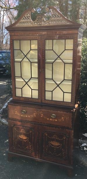 Queen Anne Style Inlaid Veneer Curio Cabinet: Queen Anne Style Inlaid Veneer Curio Cabinet. Paned glass front cabinet and lower drawers and cabinets. Features a carved pediment and all over inlaid designs. Measures 91 inches x 40 inches x 18 inch