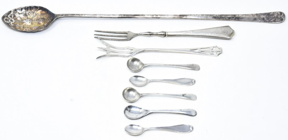 Mixed Lot Sterling & Silver Plate Spoons / Forks: Mixed Lot Sterling & Silver Plate Spoons / Forks. Mixed lot of sterling silver and silver plate miniature spoons, appetizer forks and large iced tea spoon which measures 11 inches in length.