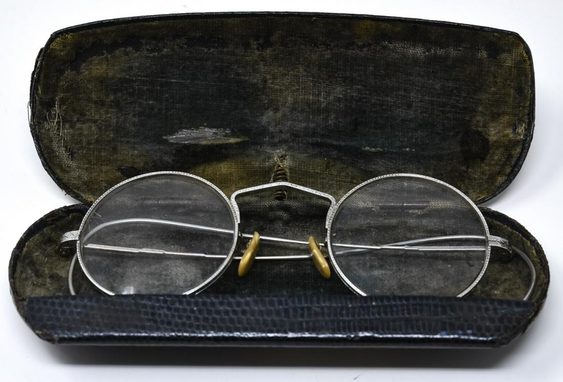 DSK C 1940 Vintage Bifocals in Gold Filled Frame: C 1940 Vintage Bifocals in Gold Filled Frame. +2.75 prescription. In case. Measures 4.5 inches in width.
