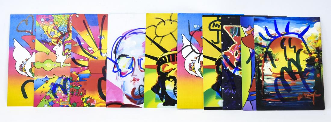 10 Peter Max Postcards W Original Signed Drawings: 10 Peter Max Postcards W Original Signed Drawings. Ten postcards with artwork by Peter Max, featuring original drawings and signatures by the artist. Each measures approximately 5.75 inches x 4 inches
