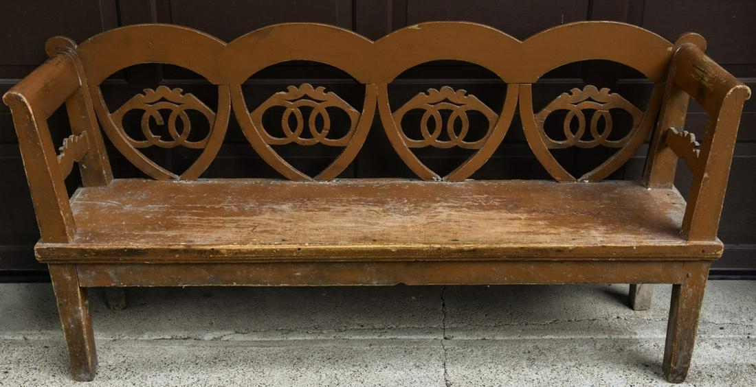 Antique French Canadian Carved Pine Bench (1 of 6)