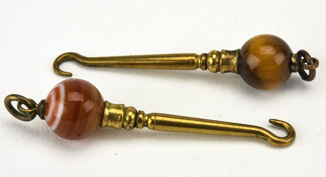 Two Antique 19th C Button Hooks Charms w Agate (1 of 6)