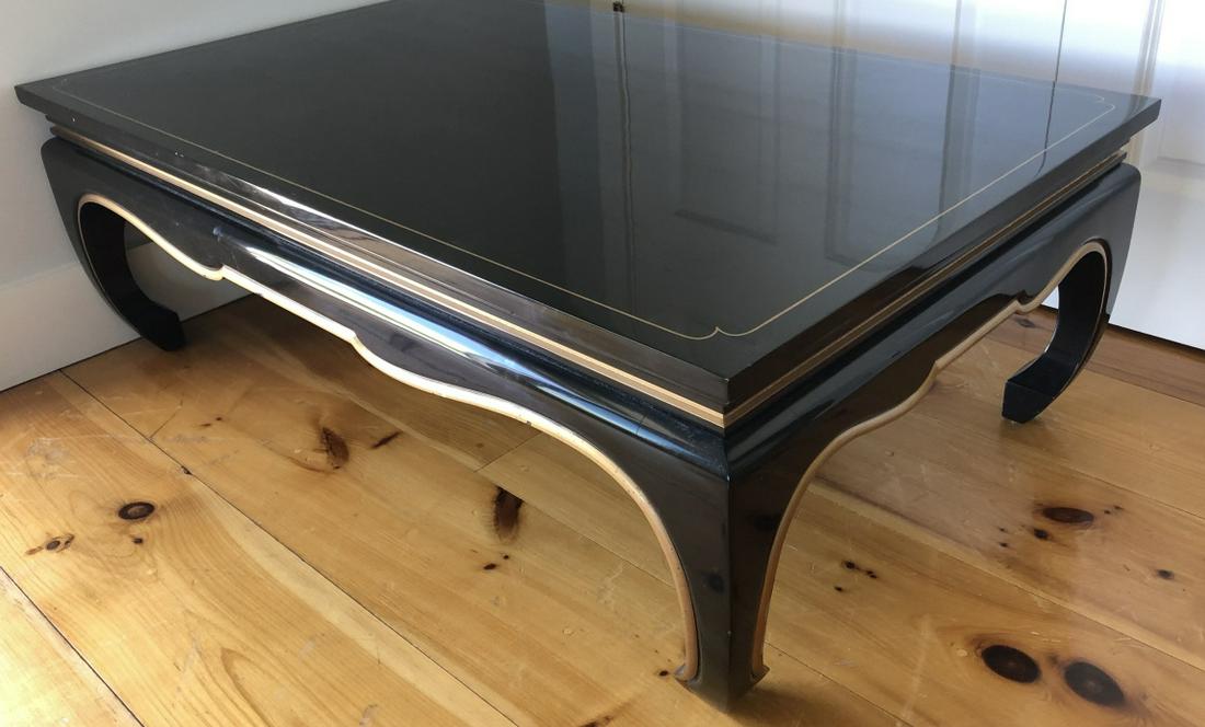 Kindel Black Lacquer Gilt Trim Chinoisserie Table: Kindel Carved Black Lacquer Gilt Trim Chinoisserie Coffee Table. 16 inches x 48 inches x 29 inches