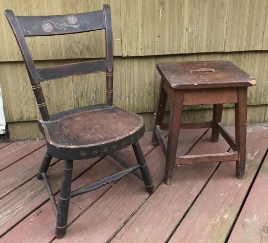 Antique American 19th C Child Size Chair & Stool (1 of 3)