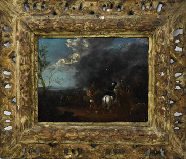 Philips Wouwerman Attributed Oil Painting on Panel: Philips Wouwerman Attributed Oil Painting on Panel in Ornate Carved & Gessoed Frame. Military scene with horses. Painting measures 5.5 x 7.25 inches, frame measures 10.5 x 12 inches. This work has bee