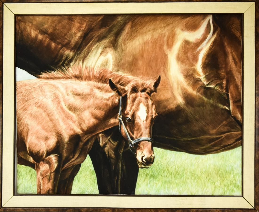 Signed Oil Painting of Horses, Mare & Fowl: Signed Oil Painting of Horses, Mare & Fowl. Signed by artist D.D. Anna 1990. Includes frame. 28 inches x 34 inches