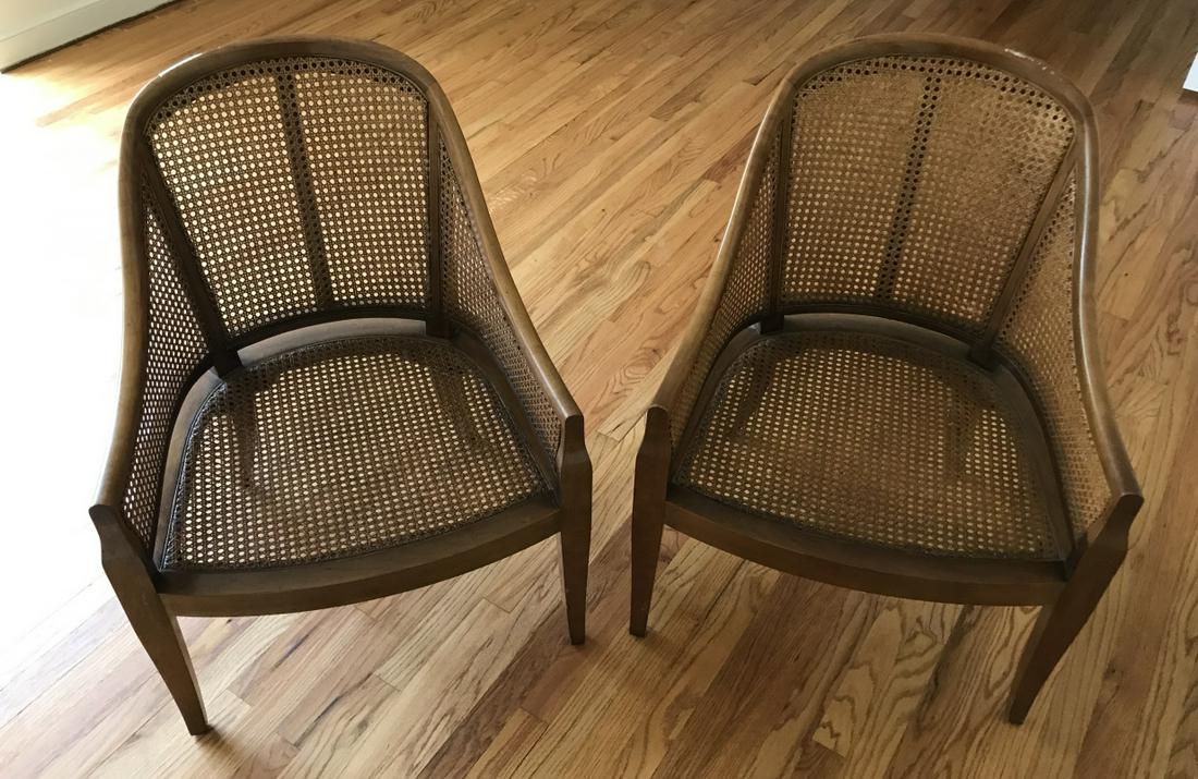 Pair of Biedermeier Style Carved & Caned Armchairs: Pair of Biedermeier Style Carved & Caned Armchairs. Each with cushions. Each measures 31.5 x 24 x 22 inches.