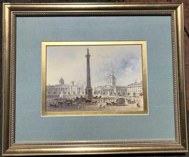 E Dolby Watercolor Painting of Trafalger Square: Edwin Dolby English Watercolor Painting of Trafalger Square. Professionally framed and matted. Measures 14 x 17 inches.