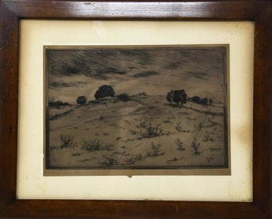 Norbert Goeneutte French Countryside Etching: Norbert Goeneutte French Countryside Etching. Etching of the French countryside by Norbert Goeneutte (France 1854 - 1894). Pencil signed in the lower left. Frame measures 11.5 inches x 14 inches.