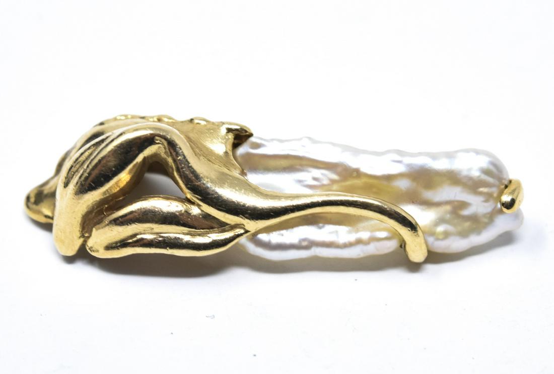 Art Nouveau 14kt Yellow Gold Natural Pearl Pendant: Art Nouveau 14kt Yellow Gold Natural Pearl Pendant. Handmade necklace pendant, 14kt yellow gold and a natural baroque oblong pearl. Measures just under 1.5 inches in length.