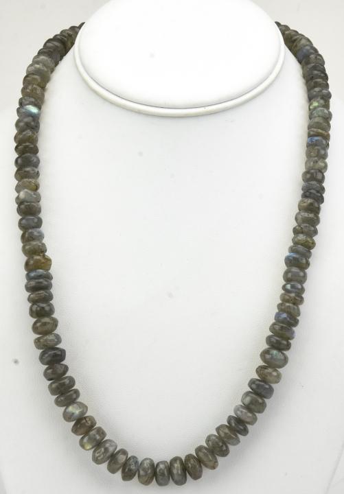 Necklace w Carved Disc Form Labradorite Beads: Necklace w Carved Disc Form Labradorite Beads. Measures 22 inches in length.
