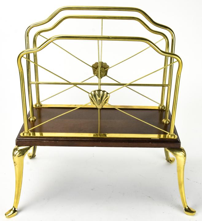 Traditional Style Brass & Wood Canterbury: Traditional Style Brass & Wood Canterbury. With cabriole legs and shell motif. Measures 17 inches x 17 inches x 11 inches.