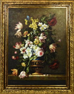 Floral Still Life Oil Painting Carved Gilt Frame: Large Neo Classical Urn Floral Still Life Oil Painting in Carved Gilt Frame. Signed by the artist C. M. Young. 49 inches x 39 inches