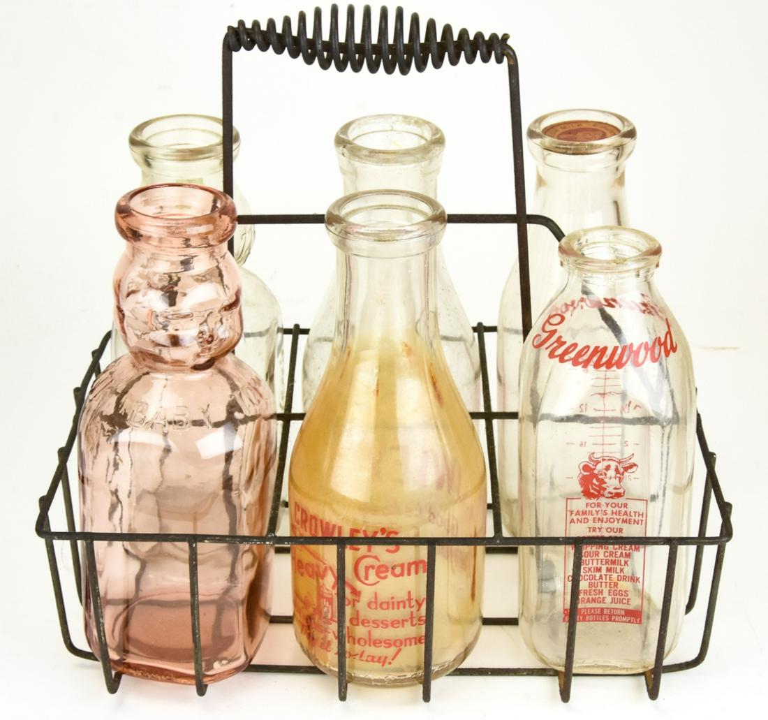 Antique Glass Milk Bottles & Wire Holder (1 of 9)