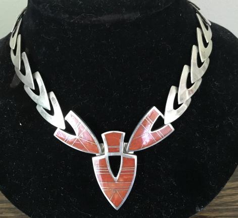 Signed Native American Sterling & Coral Necklace (1 of 5)