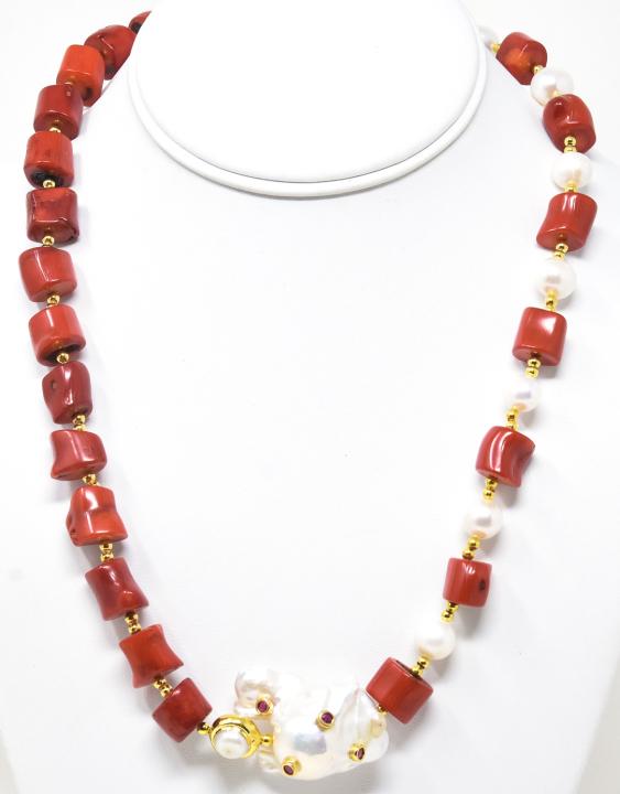 Coral Necklace w Gem Set Baroque Pearl Pendant (1 of 7)