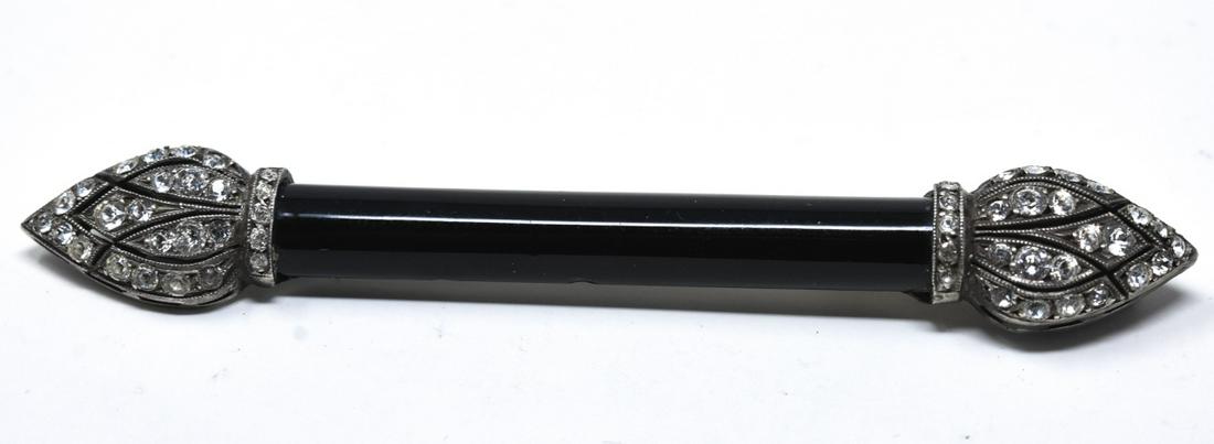 Antique French Sterling & Paste Bar Brooch: Antique French Sterling & Paste Bar Brooch w Black Enamel Decoration. Measures 3.25 inches in length. French hallmarks.