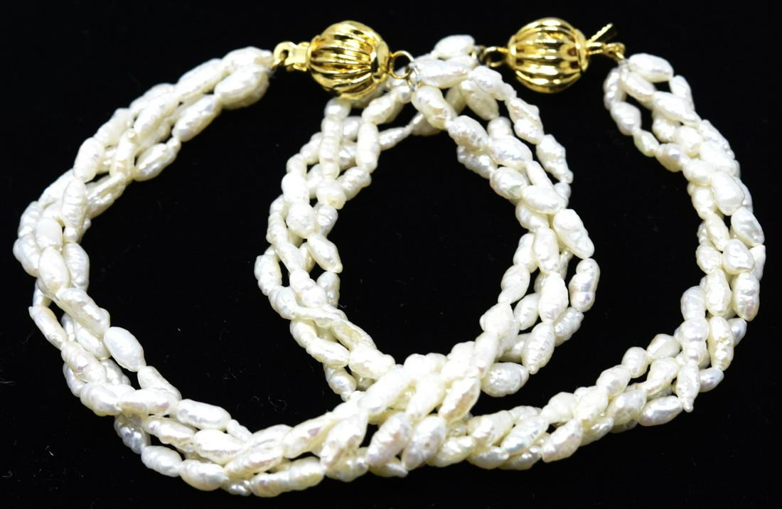 Pair of Multi Strand Baroque Seed Pearl Bracelets: Pair of Multi Strand Baroque Seed Pearl Bracelets. Each measures 8 inches in length.