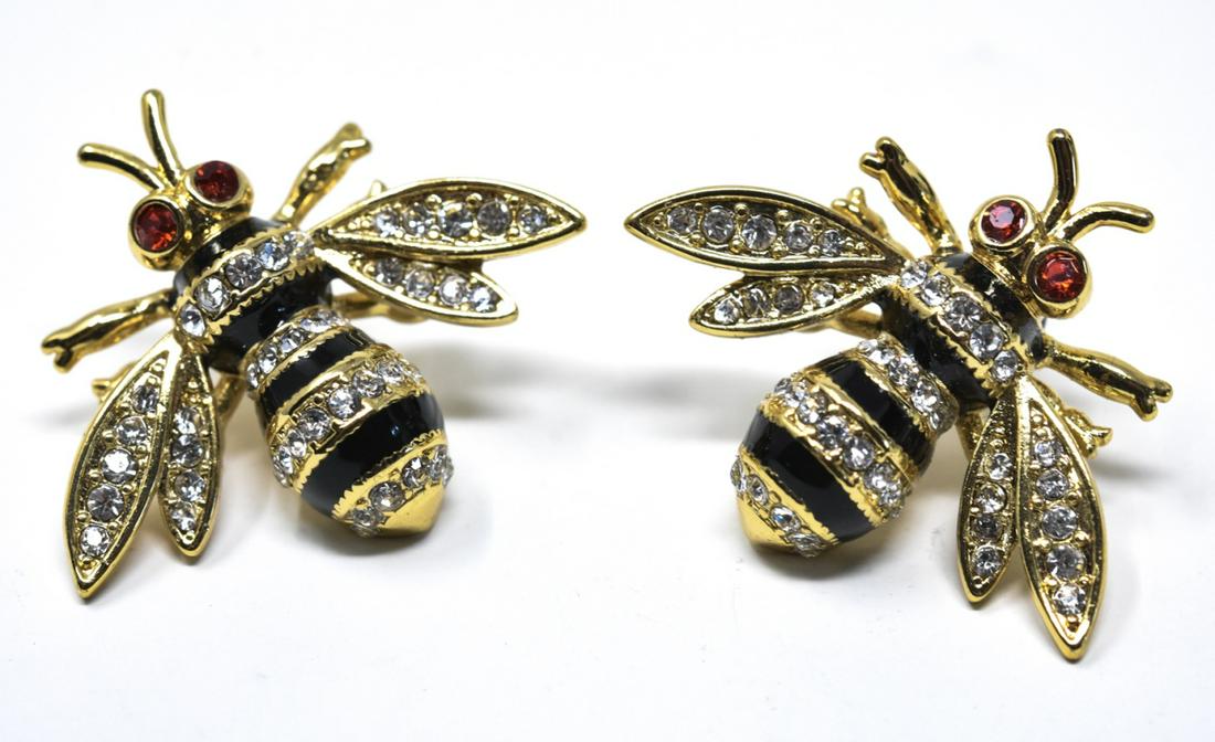 Pair of Gilt Metal & Rhinestone Bee Earrings (1 of 8)