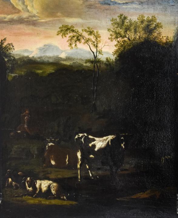 Antique 18th C European Oil Painting Cows & Figure (1 of 7)