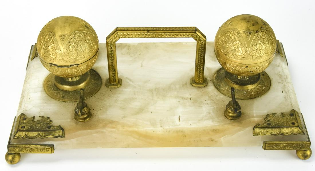 Antique Onyx and Brass Ormolu Double Ink Well: Antique Onyx and Brass Ormolu Double Ink Well. 6 inches x 13 inches x 7 inches