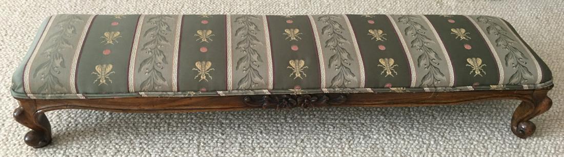 Carved Provencal Upholstered Fireplace Bench: Carved Provencal Upholstered Fireplace Bench with Honey Bee Motif on Short Carved Legs and Carved Center Floral Medallion. 6 inches x 40 inches x 10 inches