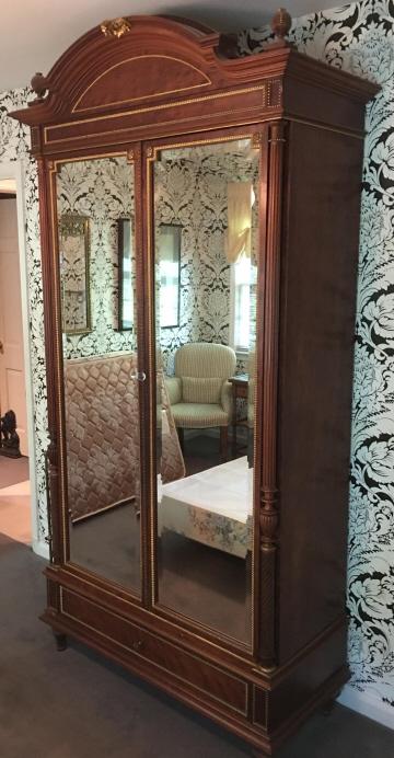 Antique Edwardian Carved Gilt Mirrored Wardrobe: Antique Edwardian Carved Gilt Trimmed Mirrored Wardrobe. Column detail. 84 inches x 43 inches x 19 inches