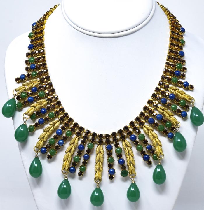 C 1960s European Gilt Paste & Jade Glass Necklace (1 of 6)