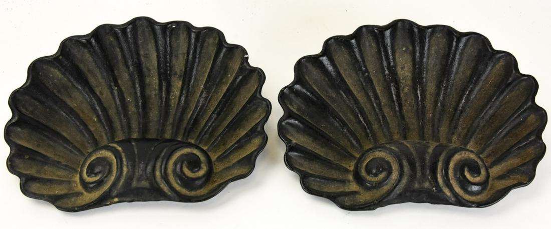 Pair Cast Iron Rocaille Shell Garden Ornaments: Pair Cast Iron Rocaille Shell Garden Ornaments. Powder coated in black. Each measures 7 inches x 9 inches.