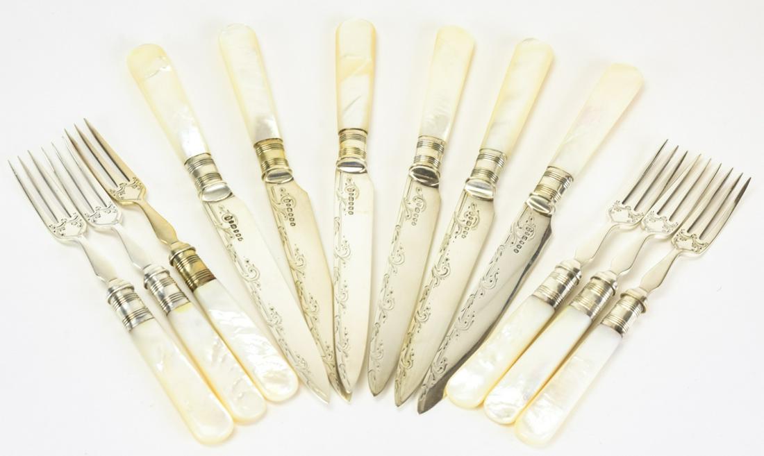 6 BP Sterling Mother Pearl Fish Knives, Forks: Set of 6 Benjamin Preston Sterling and Mother Pearl Handled Fish Knives and Forks. Etched detail. Knives measure 7.5 inches long.